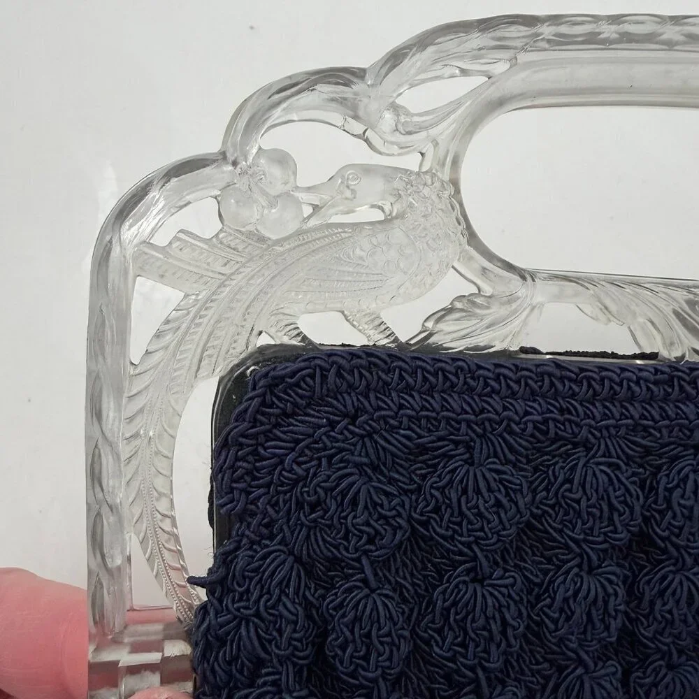VINTAGE 30s Popcorn Crochet Navy Blue Peacock Handle Evening Bag